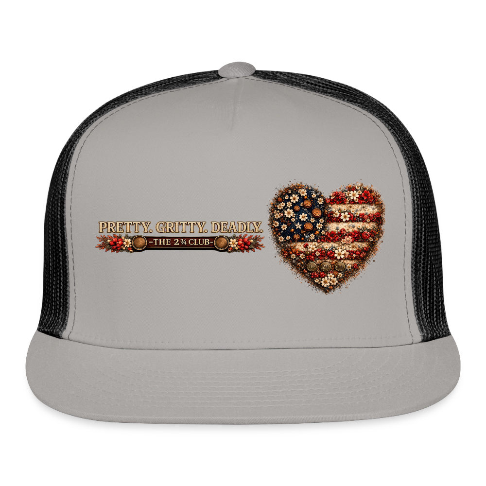 Pretty. Gritty. Deadly. Trucker Hat – Freedom Bloom Edition - gray/black